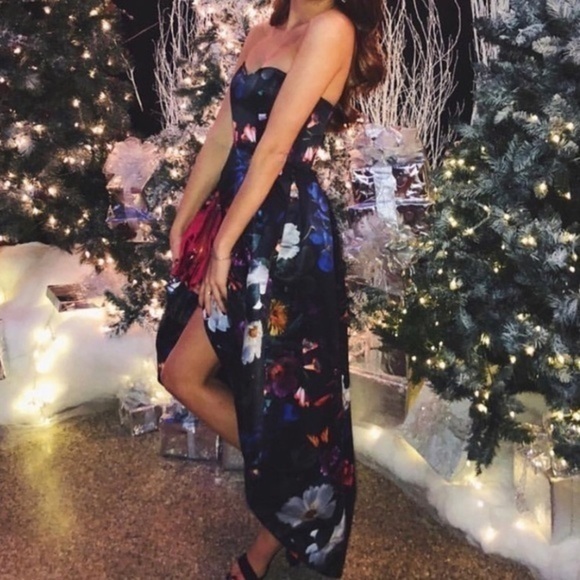 Parker Black Floral Strapless Satin Dress - Picture 4 of 4